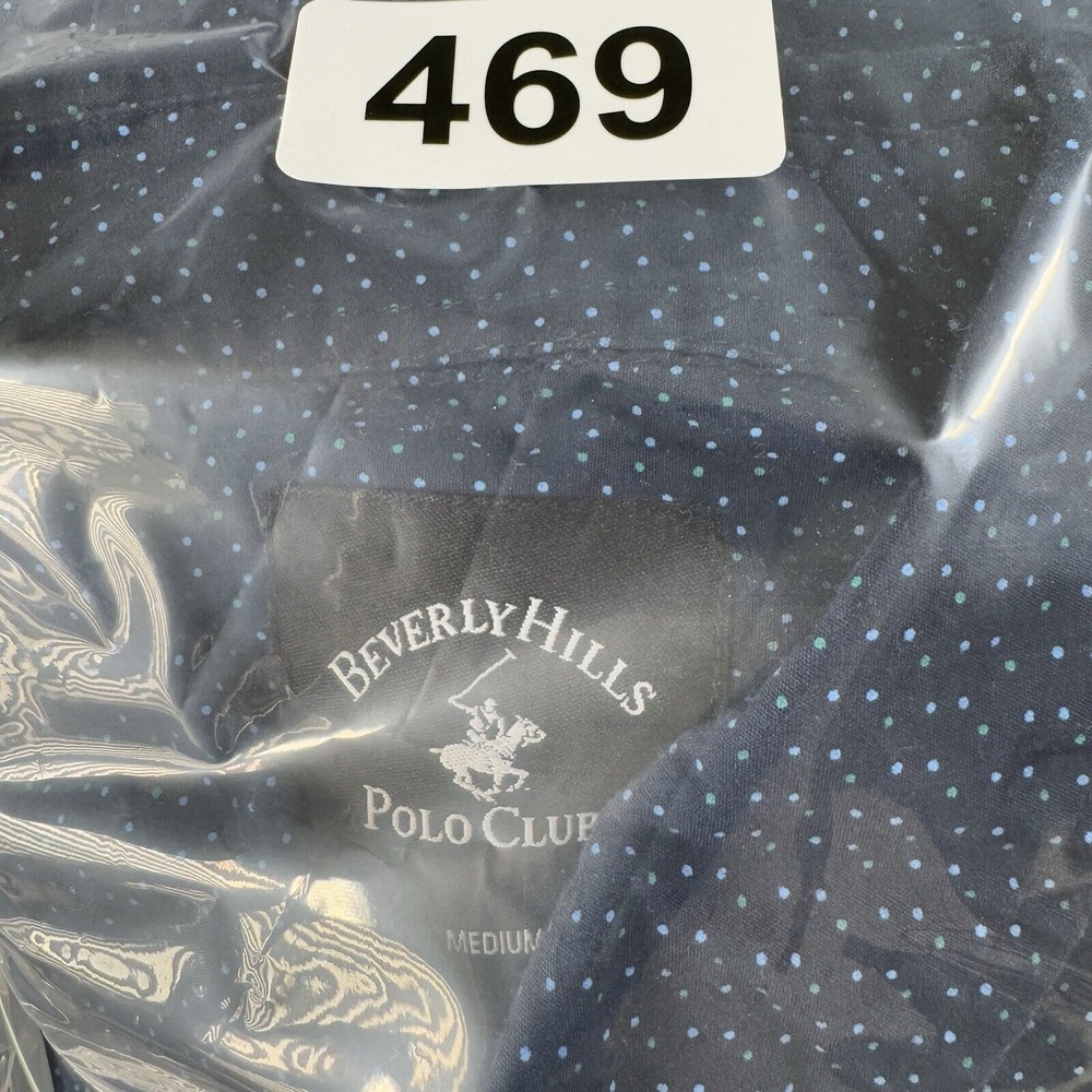 Beverly Hills‎ Polo Club Shirt Mens Medium Button-Up Short Sleeve Polka Dot Blue - Picture 7 of 7